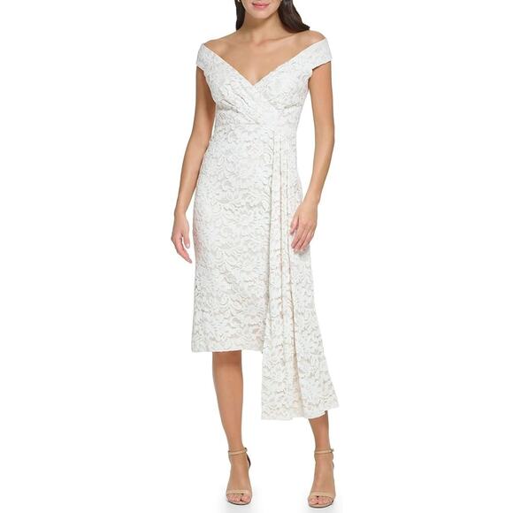 Eliza J Women's Off Shoulder Draped Lace Wedding Cocktail Midi Ivory Dress, Sz4P - Picture 1 of 14